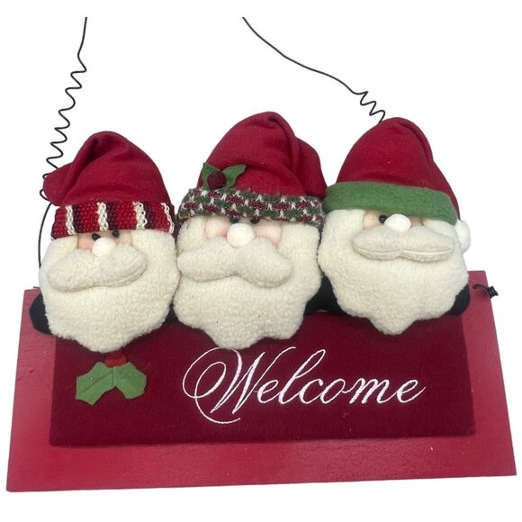 Santa Christmas welcome sign 3 Santas red plush rectangle 13x10" wood READ - Picture 1 of 7